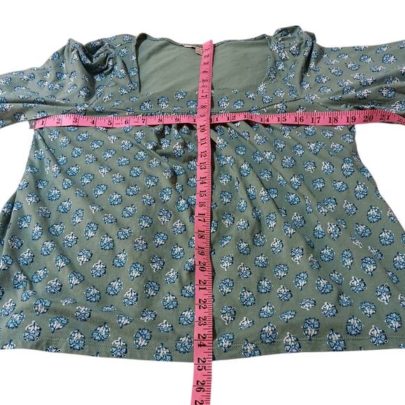 LUCKY BRAND Peasant Blouse Top Square Neck Gathers Flowy Size Large Floral Green - Picture 5 of 9